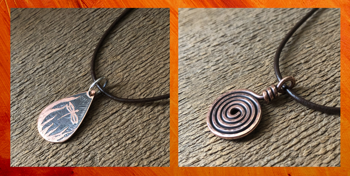 copper dragonfly pendant and copper spiral pendant
